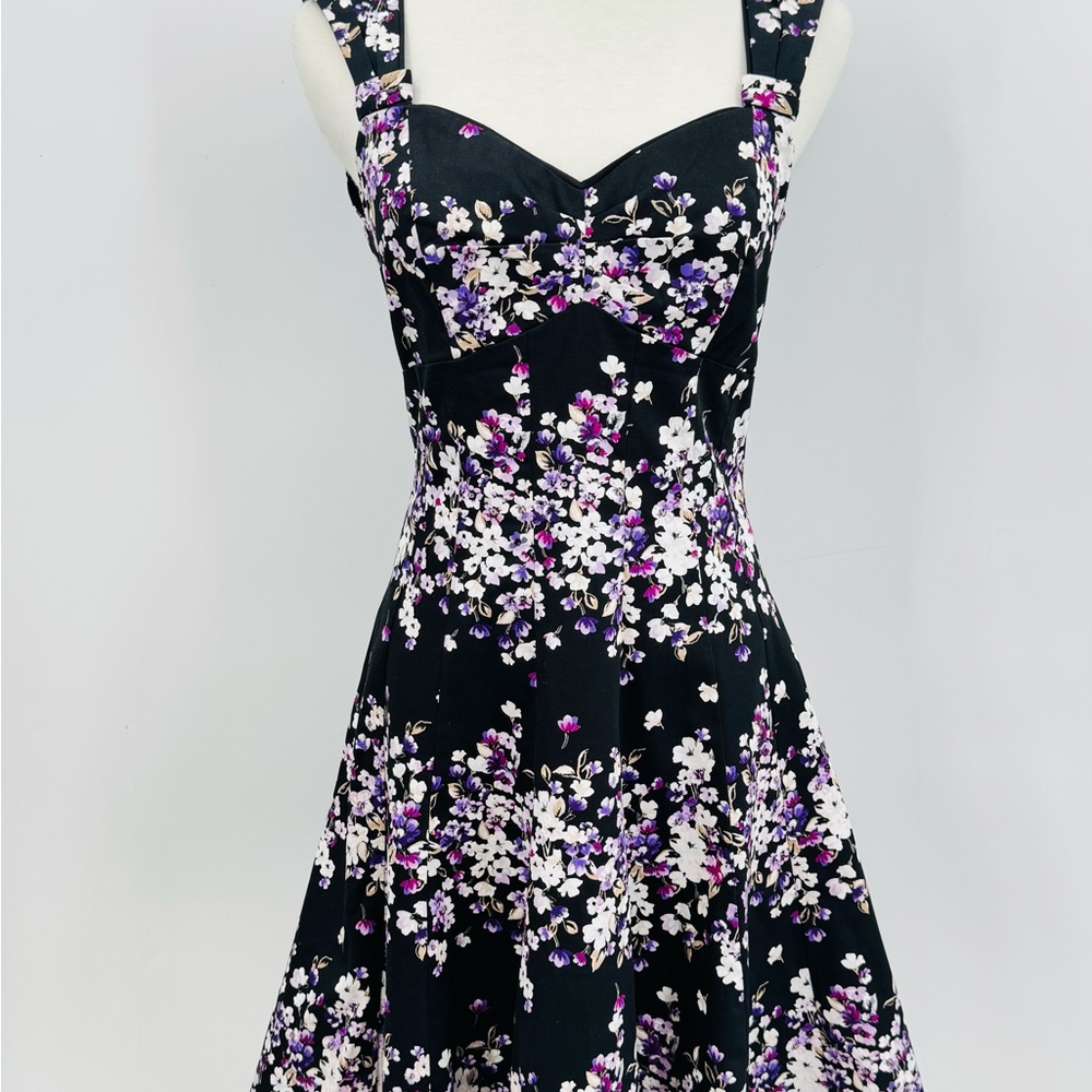 White House Black Market Black and Purple Floral Midi Dress Sleeveless, Size 2